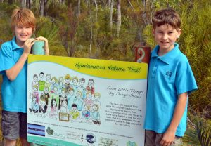 Trail entry: Jasset and Sholto at the Nyindamurra Nature Trail entry