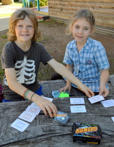 MATHS GAMES: Yr 5 student Kiva Cresswell teaches Lilly Coleman (Yr 1) how to play Numero. 