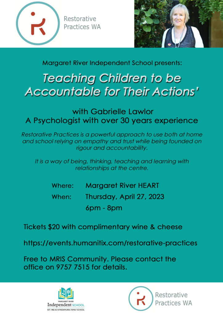 Come along to MRIS FREE Parent Education Seminar "Teaching Children to be Accountable for Their Actions"…This Thursday, 6pm 1